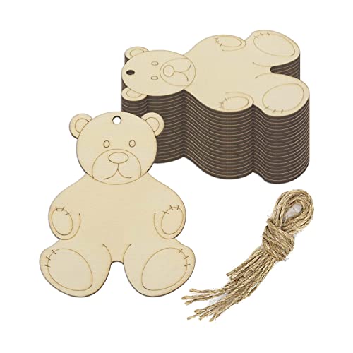 20pcs Bear Wood DIY Crafts Cutouts Wooden Bear Shaped Hanging Ornaments with Hole Hemp Ropes Gift Tags for DIY Projects Birthday Christmas Party Decorations