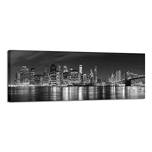 Wieco Art New York Manhattan Night View in Black and White Giclee Canvas Prints Modern Stretched and Framed Art work Cityscape Pictures Paintings on Canvas Wall Art for Bedroom Home Decorations