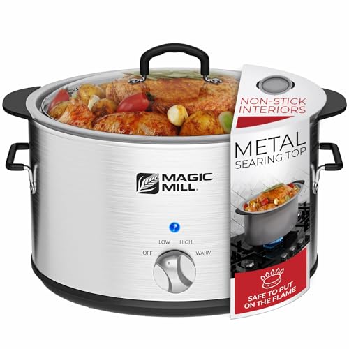 Magic Mill Slow Cooker 10 Quart | Extra Large Non-Stick Metal Searing Pot & Transparent Tempered Glass Lid Multipurpose Lightweight Slow Cookers, Pot is Safe to Put the On the Flame, Dishwasher Safe