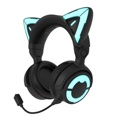 YOWU RGB Cat Ear Headphone 4GS- Gaming Headset for PC PS5 Switch Xbox, 2.4G/Wireless/Wired, Attachable Gaming Microphone, Customizable Lighting and Effect via APP (Black)