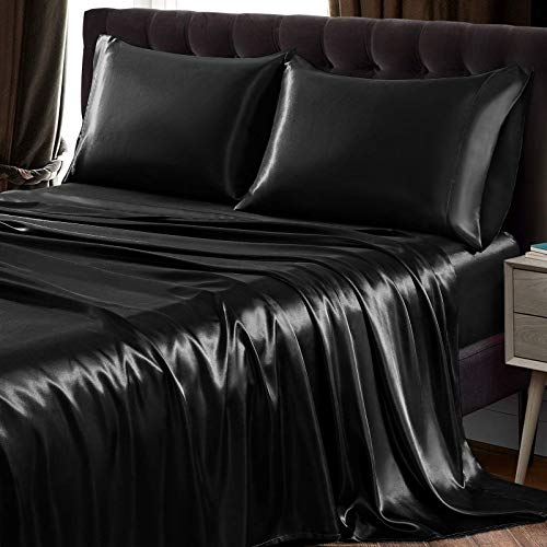 SiinvdaBZX 4Pcs Satin Sheet Set Queen Size Ultra Silky Soft Black Satin Queen Bed Sheets with Deep Pocket, 1 Fitted Sheet, 1 Flat Sheet, 2 Envelope Closure Pillowcases