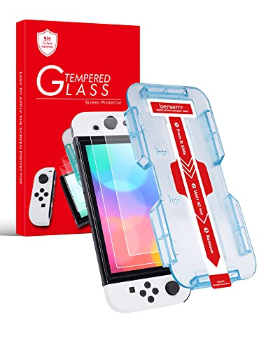 bersem [2 Pack Tempered Glass Screen Protector Compatible with Nintendo Switch OLED 7 inch 2021, Auto Alignment Kit/9H Hardness/Transparent HD Clear/Anti-Scratch/Bubbles Free/High Response