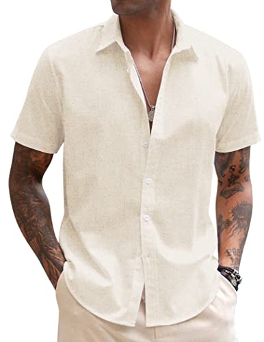 COOFANDY Men's Casual Linen Business Work Shirts Button Up Designer Summer No-Tuck Tops Light Khaki