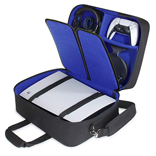 USA Gear PS5 Carrying Case - PS5 Travel Bag Compatible with PlayStation 5 & PS5 Slim with Customizable Interior for Dualsense Controllers, Playstation 5 Games, Headset and More PS5 Accessories (Blue)