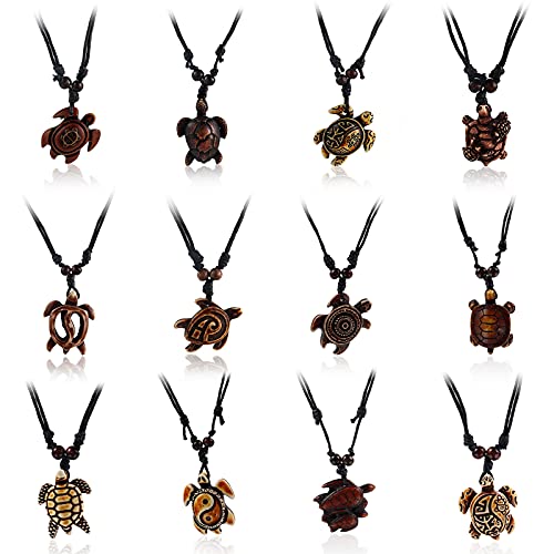 COLORFUL BLING 12pcs Artificial Bone Carving Sea Turtles Pendant Necklaces Set Medallion Symbol Adjustable Cotton Cord Yin Yang Hawaiian Surfer Lucky Amulet Jewelry for Women Men Unix-Brown