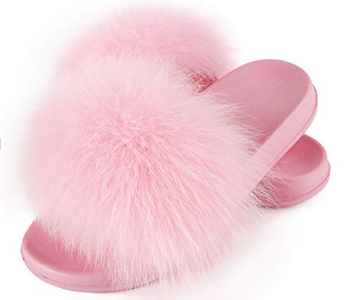 HIPRETTYUS Women's Real Fox Fur Slides, Open Toe Cute Fluffy Fur Slippers, Indoor or Outdoor Comfortable Furry Fur Slide Sandals With Fluffy Fur And Soft Sole