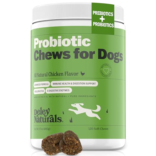 Deley Naturals Probiotics for Dogs - 120 Grain Free Chicken Soft Chews - 4 Billion CFU's, Digestive Enzymes, Prebiotics - Dog Allergies, Diarrhea, Bad Dog Breath, Constipation, Gas, Yeast- Made in USA