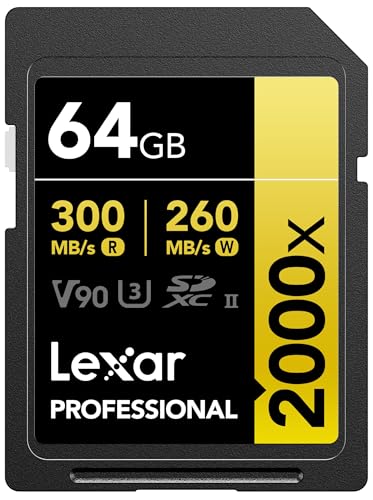 Lexar 64GB Professional 2000x SDXC Memory Card, UHS-II, C10, U3, V90, Full-HD & 8K Video, Up To 300MB/s Read, for DSLR, Cinema-Quality Video Cameras (LSD2000064G-BNNNU)