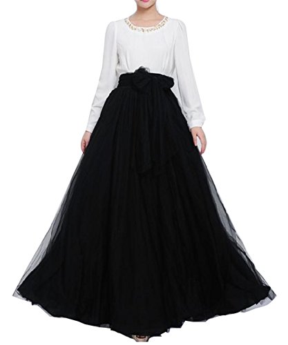 Women Wedding Long Maxi Puffy Tulle Skirt Floor Length A Line with Bowknot Belt High Waisted for Wedding Party Evening(Black,Large-X-Large)