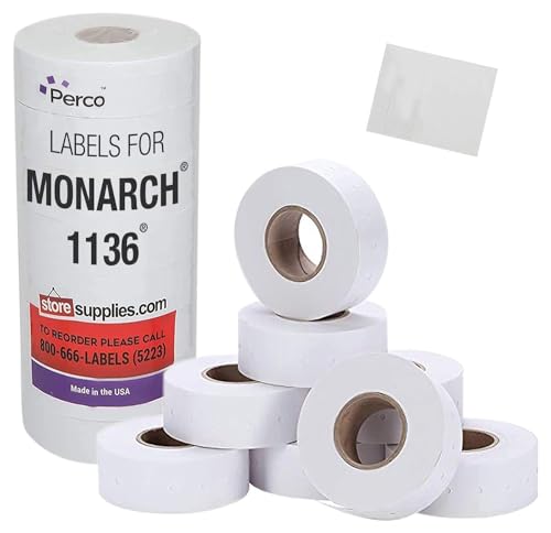 White Pricing Labels for Monarch 1136 Price Gun – 1 Sleeve, 8 Rolls, 14,000 Price Marking Labels - with Ink Roll Included