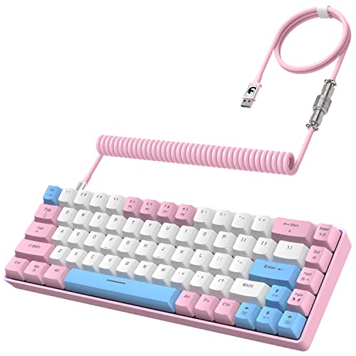 ZIYOU LANG RK-T8 Wired 65% Mechanical Gaming Keyboard with RGB LED Backlit Anti-ghosting TKL Mini 68 Key Custom Coiled C to A Cable Tactile Blue Switch for PS4 PS5 Xbox PC Mac Gamer(Pink/White/Blue)