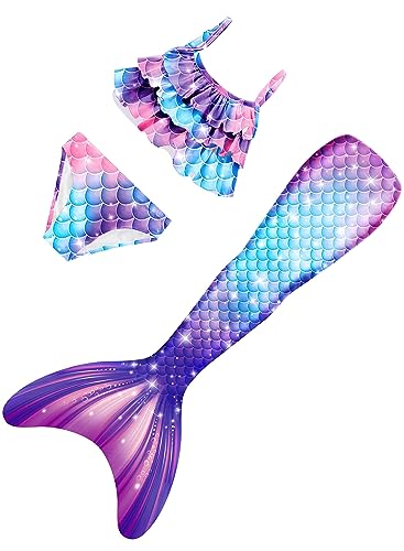 DNFUN Mermaid Tails Kids 3Pcs Mermaid Swimsuit for Girls Mermaid Bathing Suit,Without Monofin,3PC-M25,120
