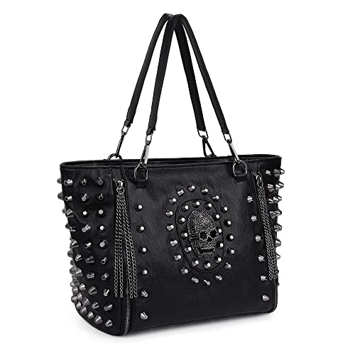 UTO Women Skull Tote Bag PU Washed Leather Rivet Studded Ladies Purse Shoulder Bag