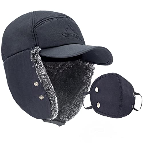 Trapper Hat Winter Hats for Men Warm Hunting Ski Ushanka Hat with Mask Ear Flaps for Men Women Black