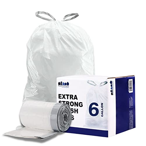 Plasticplace 6 Gallon Trash Bags, 0.7 Mil, White Drawstring Garbage Can Liners, 17' x 20' (200 Count)