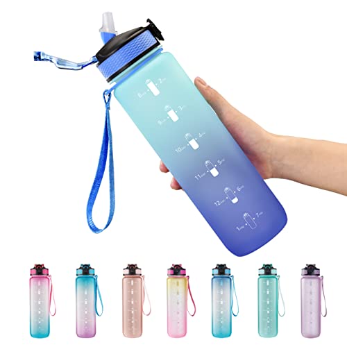 EYQ 32 oz Water Bottle with Time Marker, Carry Strap, Leak-Proof Tritan BPA-Free, Ensure You Drink Enough Water for Fitness, Gym, Camping, Outdoor Sports（Green/Blue Gradient）