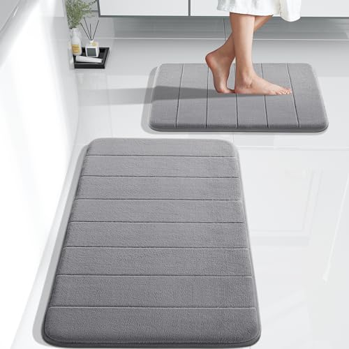 Yimobra Bathroom Rugs Sets 2 Piece, Soft Absorbent Memory Foam Bath Mats Set, Dry Fast Bath Mat, Machine Washable Bath Rug Set for Bathroom, 17x24+31.5x19.8 Inches, Gray