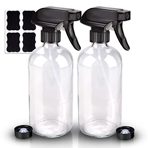 Wedama Glass Spray Bottle, 2 Pack Clear 16oz Glass Spray Bottles for Cleaning Solutions and Essential Oils, Refillable Empty Spray Bottle with Adjustable Nozzles for Alcohol, Plant and Hair Care