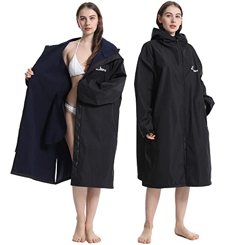 Oksun Oversized Waterproof Swim Parka: Windproof Warm Swimming Coat - Water Resistant Jacket - Thin Fleece Lined Surf Poncho (S-M, Black)