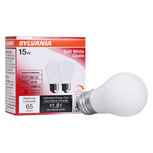 SYLVANIA Incandescent Appliance Light Bulb, 15W A15, Dimmable, Medium Base, 65 Lumens, Frosted, 2850K, Soft White - 2 Pack (10015)