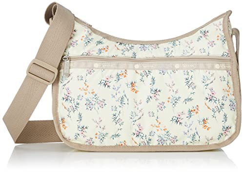 LeSportsac Cheerful Blooms Classic Hobo Crossbody Bag + Cosmetic Bag, Style 7520/Color E547, Romantic & Colorful Delicate Sprays of Wispy Flowers & Floral Blooms, Neutral Buttercup Yellow Bag