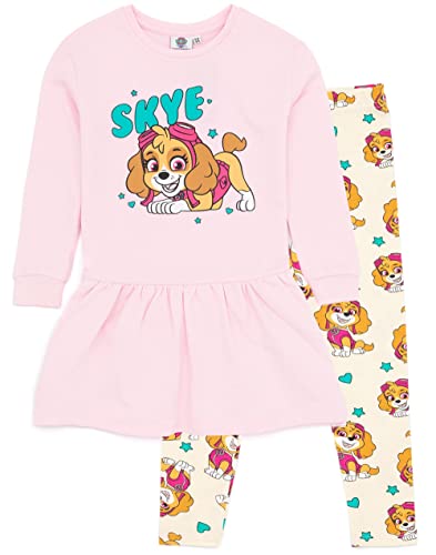 Paw Patrol Girls Sweater Dress And Leggings Set | Kids Skye Pink Sweatshirt Jumper & Cream Trousers Complete Outfit