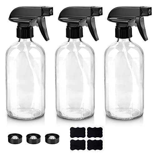 Worldgsb Glass Spray Bottles, 16oz Clear Glass Spray Bottles with Labels & Adjustable Nozzle, Reusable Containers for Cleaning, BBQ, Food, Plants, Alcohol, Essential Oils(3 Pack)