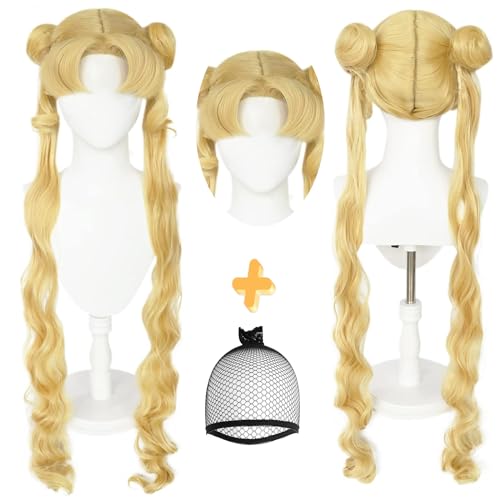 IMEYLE Tsukino Usagi Cosplay Blonde Wig with 2 Pongtails Peluca Dorada Anime Cosplay Wig with Synthetic Bangs for Women Long Wavy Wig for Halloween Costume Party + Wig Cap