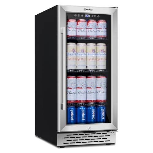 COLOZO 15 inch Beverage Refrigerator with Glass Door 180 Cans Mini Beverage Cooler Under Counter Frestanding Built in Center Garage Fridge with Lock for Drink Beer Soda Wine Water