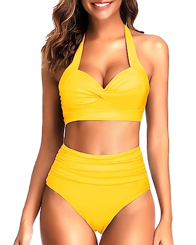 Tempt Me Women's Vintage Swimsuits Neon Yellow Retro Halter Ruched High Waist Bikini with Bottom M