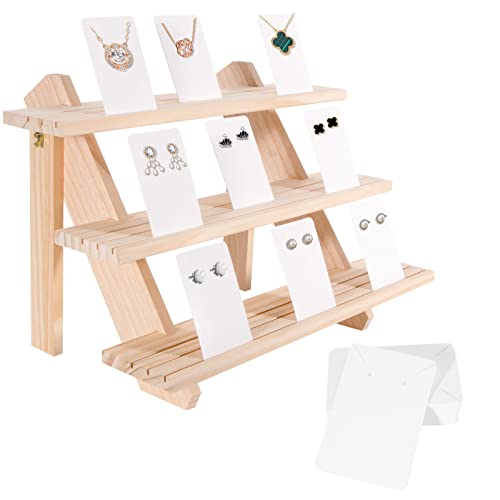 ZYP 51pcs Wood Tiered Earring Display Stand,3-Tier Retail Jewelry Card Display Stand with Groove + 50 Earring Cards Portable Earring Ring Organizer Holder Jewelry Showcase Racks for Jewelry Business