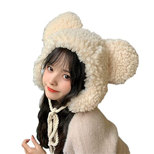 Cute Plush Faux Fur Animal Critter Hat Cap with Ear Flaps Fuzzy Bear Hat Soft Warm Winter Hat Beanie for Adults Women Girls Beige