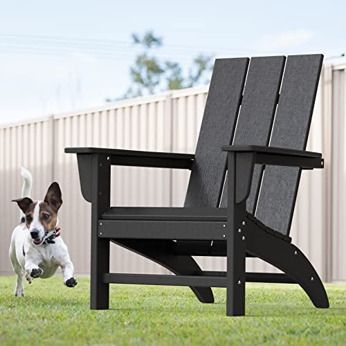 Modern Adirondack Chair Wood Texture, Poly Lumber Patio Chairs, Pre-Assembled Weather Resistant Outdoor Chairs for Pool, Deck, Backyard, Garden, Fire Pit Seating, Black