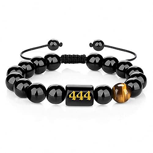 Kalapure Angel Number Bracelets for Men 111 222 333 444 555 666 777 888 999 Bracelet Numerology Jewelry 10mm Natural Black Onyx Tiger Eye Stone Beads Braided Rope Bracelet Adjustable(444)