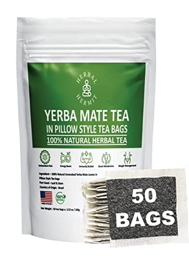 Herbal Hermit Yerba Mate herbal-teas with 50 tea bags Natural Organic Yerba Matte Rich in Chlorophyll, Antioxidants and Vitamins, Made in USA