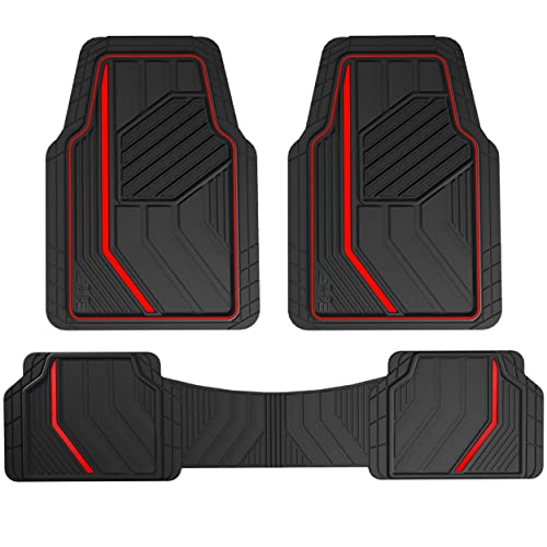 Dickies 3-Piece Floor Automotive Mats, Heavy-Duty Rubber Liners, All-Weather Auto Protection, Anti-Slip Design, All-Season Trim-to-Fit Custom, for Vehicles, Cars, Trucks, SUVs (Black/Red)