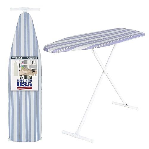 Ironing Board Full Size; Made in USA by Seymour Home Products (Blue Stripe) Bundle Includes Cover + Pad | Iron Board w/Steel T-Legs Adjustable Tabletop up to 36' High; Perforated Top for Steam Flow