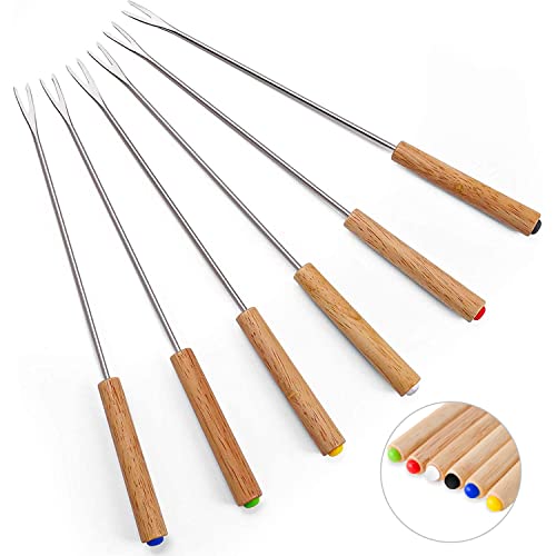 Set of 6 Stainless Steel Fondue Forks, 9.5 Inches Cheese Fondue Sticks Smore Sticks with Wooden Handle Heat Resistant for Chocolate Fountain Cheese Fondue Roast Marshmallows Fruits