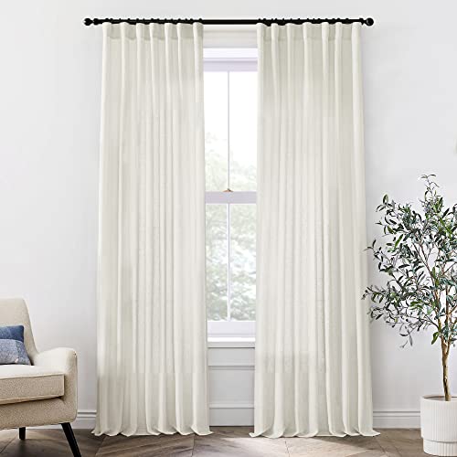 XTMYI 96 Inches Long Modern Farmhouse Linen Curtains for Living Room,Hang Pin Hooks Back Tab Sheer Pleated Curtains for Bedroom Dining Room,96 Length 2 Panel Set,Cream Colored(Ivory/Off White)