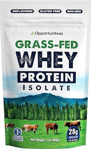 Opportuniteas Grass Fed Whey Isolate Protein Powder - Unflavored 28g Protein Powder Without Artificial Sweeteners, Hormone-Free Cows, Non GMO - 1lb