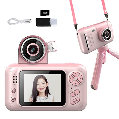 Kids Camera, Kids Digital Camera with Flip Lens, HD Digital Video Cameras for Toddler,Christmas Birthday Gifts and Portable Toy for 3 4 5 6 7 8 9Year Old with 32GB SD Card-Pink