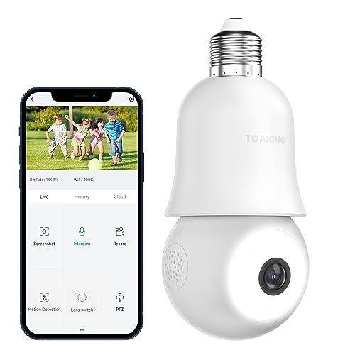 TOAIOHO Light Bulb Security Cameras Wirless Outdoor Indoor, Cameras for Home Security, with Color Night Vision, Motion Detection, 2-Way Talk, 24/7 Recording, SD Card(Not Included)/Cloud Storage