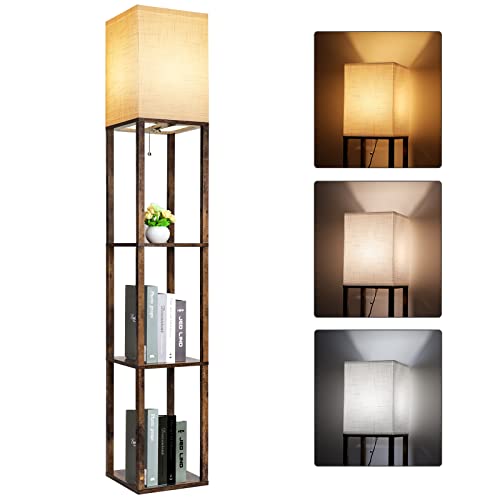 RUNTOP Floor Lamp with Shelves, Modern Shelf Lamp for Display Storage, 3 Color Temperature Wood Narrow Standing Corner Lamp with 8W Bulb for Living Room Decor, Bedroom, Office, Home Decor(Brown)