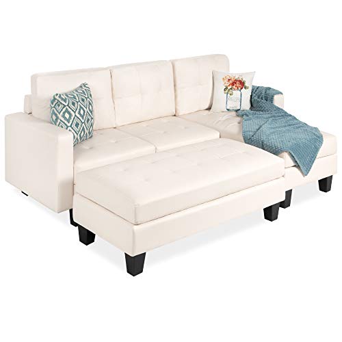 Best Choice Products Tufted Faux Leather 3-Seat L-Shape Sectional Sofa Couch Set w/Chaise Lounge, Ottoman Coffee Table Bench, White