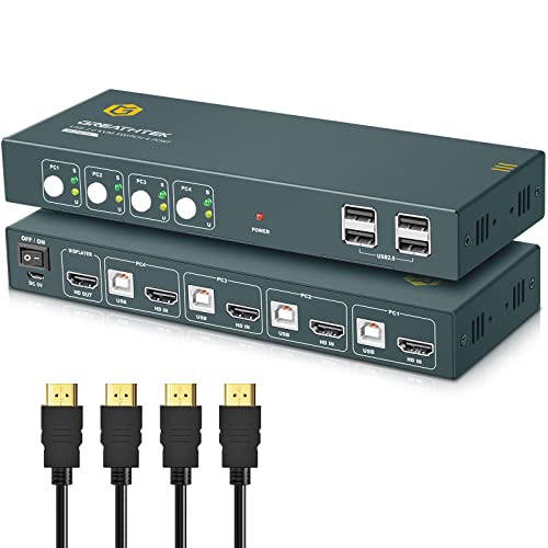 KVM Switch HDMI 4K@60Hz for 4 Computers Share 1 Monitor, KVM Switch 4 Port with 4 USB 2.0 Ports Share Keyboard Mouse, Button Switch, Plug and Play