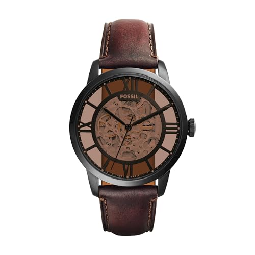 Fossil Men's Townsman Automatic Stainless Steel and Leather Three-Hand Skeleton Watch, Color: Black, Cognac (Model: ME3098)