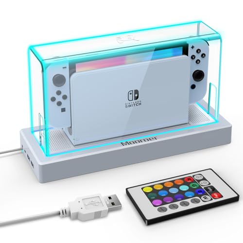 Mooroer Dust Cover with 16 LED Colors Light Base for Nintendo Switch/OLED, Acrylic Clear Display Box Anti-Scratch Waterproof Slim Dock Case, Cool Switch Accessories