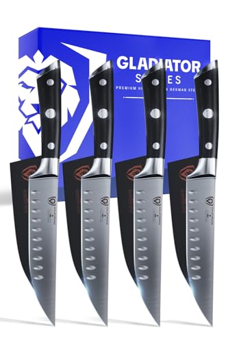 Dalstrong Steak Knife Set - 4-Piece - 5 inch Straight - Gladiator Series Elite - Forged German High-Carbon Steel - Black G10 Handle - Sheaths - Dinner Set Kitchen Knives - NSF Certified