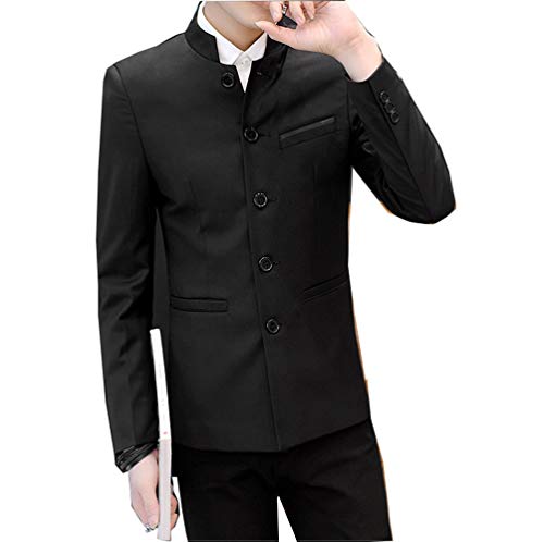 Men's Chinese Tunic Suits Mandarin Collar Formal Jacket Slim Fit Front Button Blazer Traditional Uniform Groom Dress (Black, L)