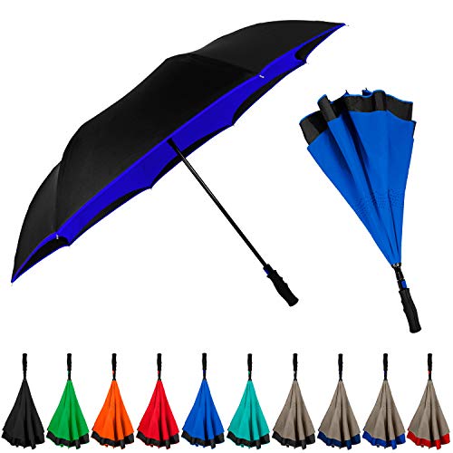 The Inversa Large 48' Inversa Self Standing Windproof Inverted Reversible Umbrella, Double Layer Canopy Lightweight Travel Umbrella For Women and Men, Portable Umbrella Reverse Close - Royal Blue